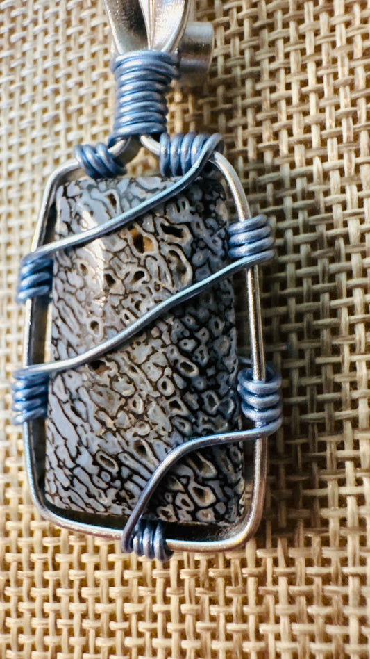 Rare Blue Gem Bone, Wire Wrapped Necklace
