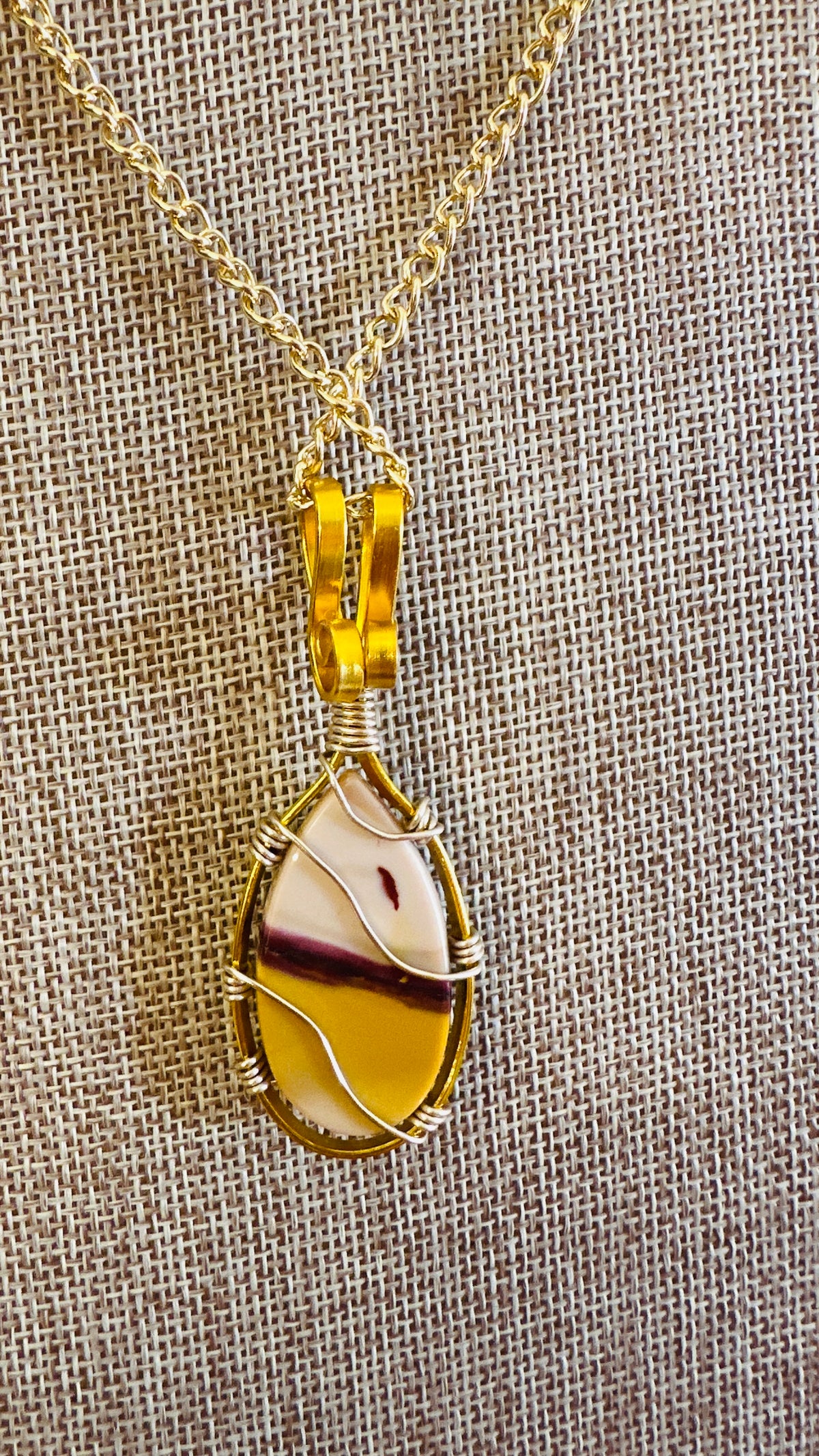 Crimson and Cream Mookaite Wire-Wrapped Necklace