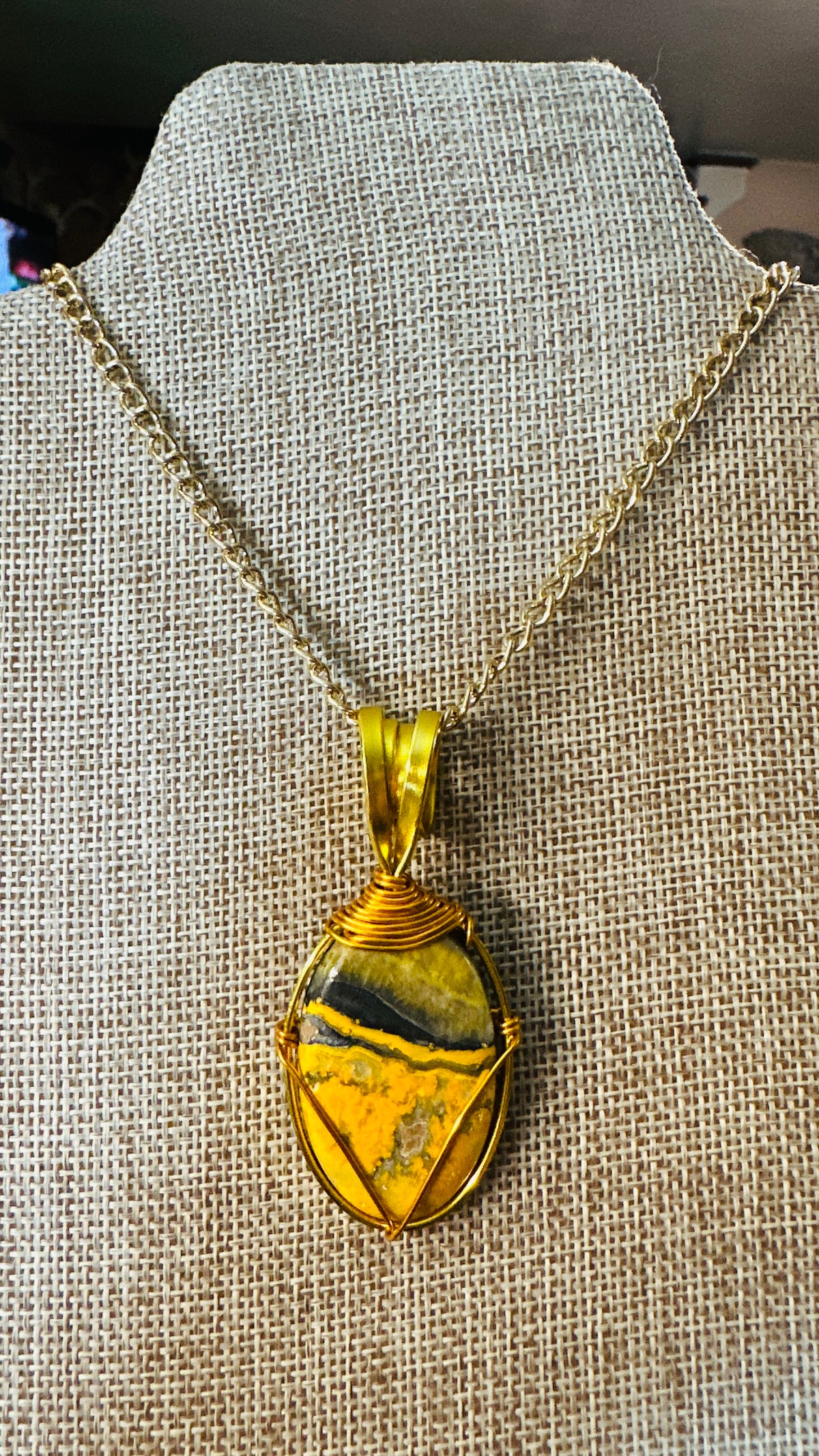 Happily Buzzed, Bumblebee Jasper, Wire Wrapped Necklace