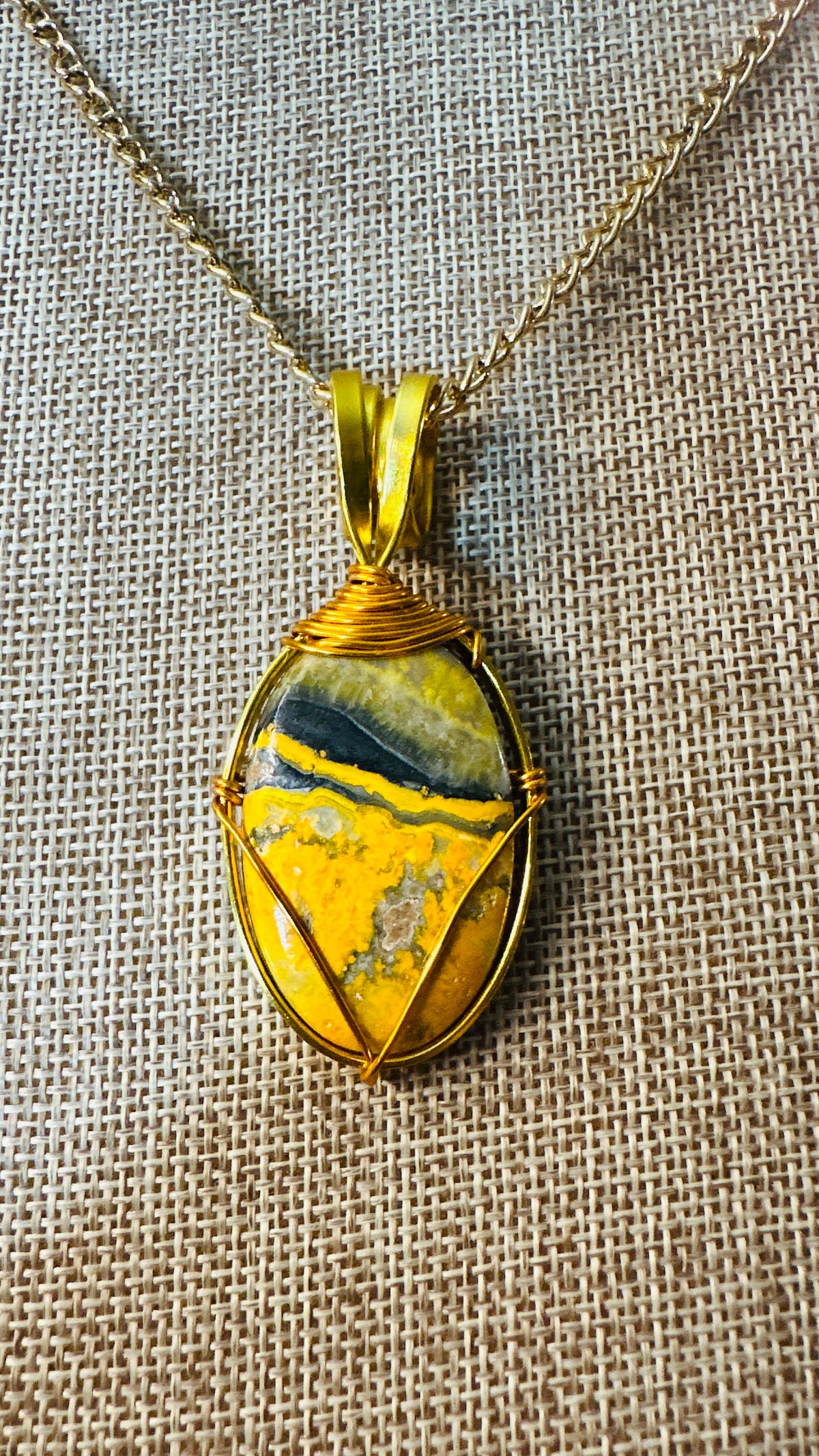 Happily Buzzed, Bumblebee Jasper, Wire Wrapped Necklace