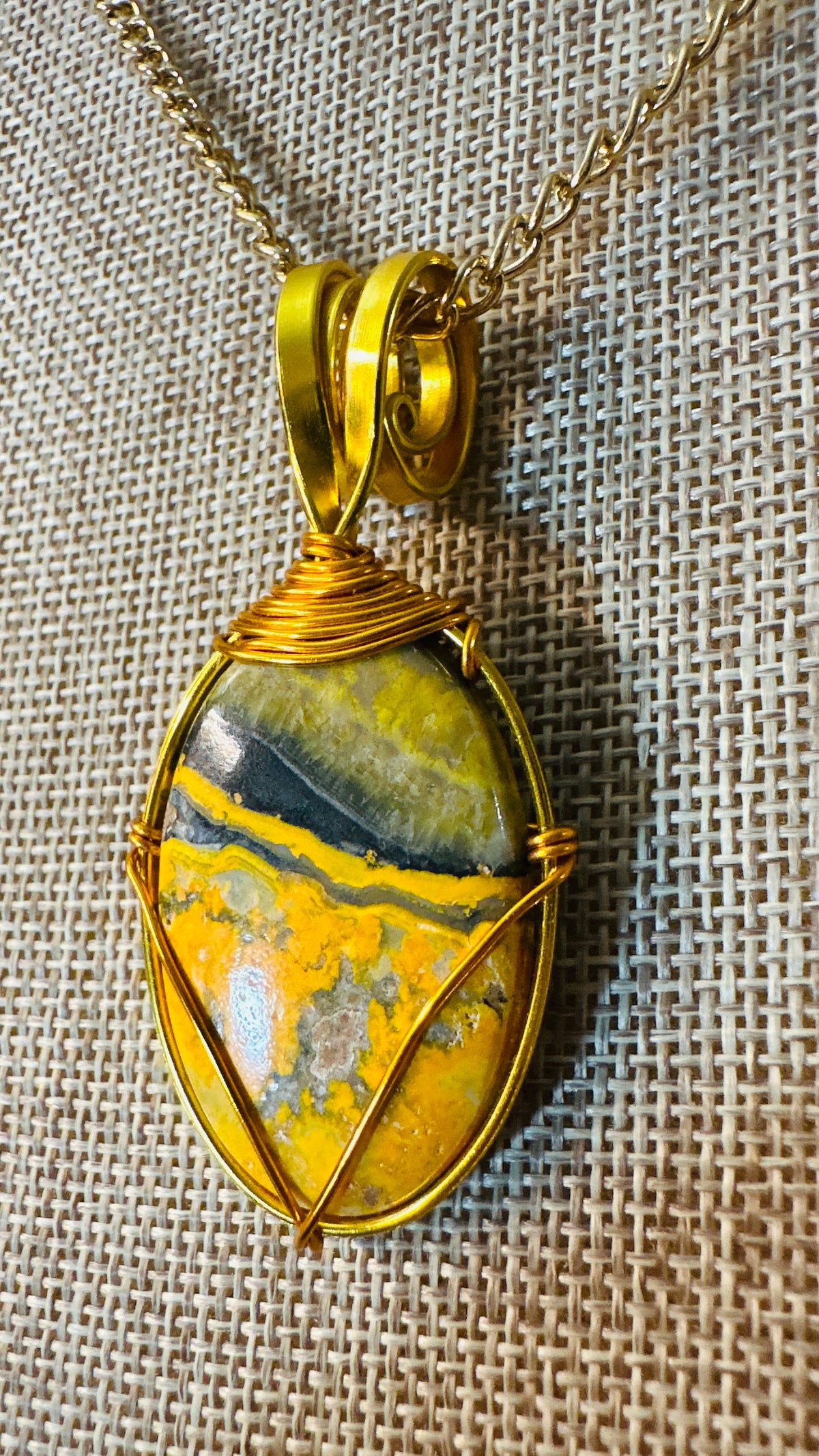 Happily Buzzed, Bumblebee Jasper, Wire Wrapped Necklace