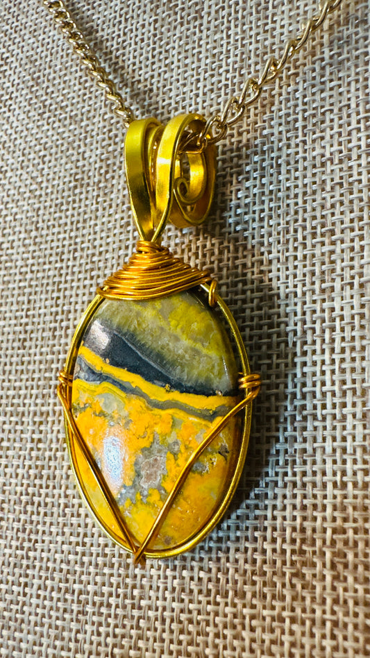 Happily Buzzed, Bumblebee Jasper, Wire Wrapped Necklace