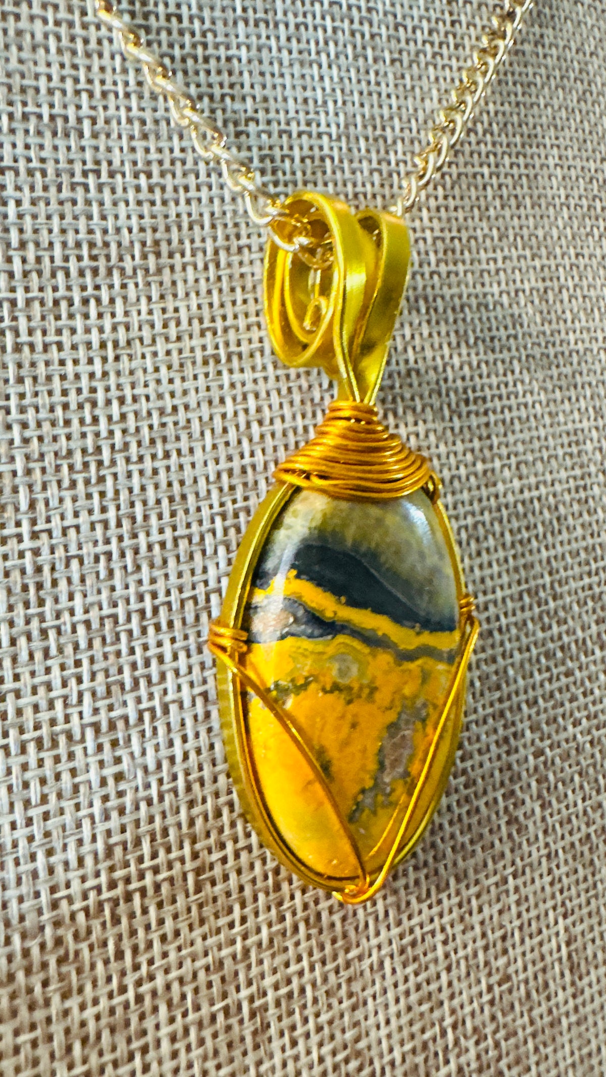 Happily Buzzed, Bumblebee Jasper, Wire Wrapped Necklace